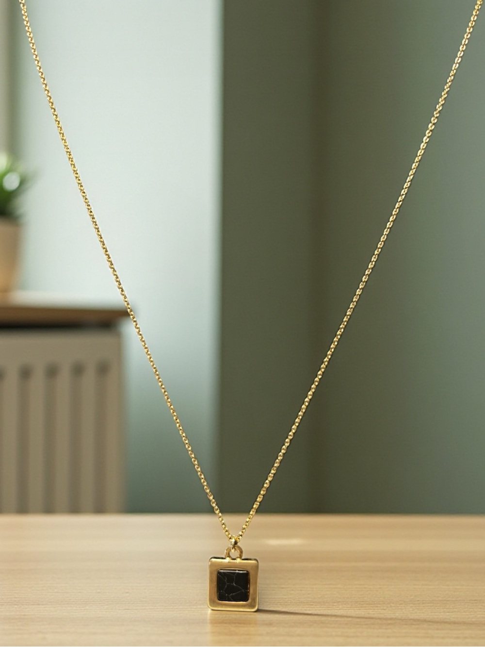 Gold Square Pendant Necklace with Black Inlay - Women Jewelry